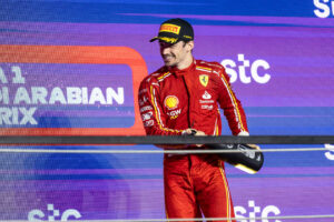 Charles Leclerc of Ferrari celebrating his third place at the Saudi Arabian Grand Prix, 2024