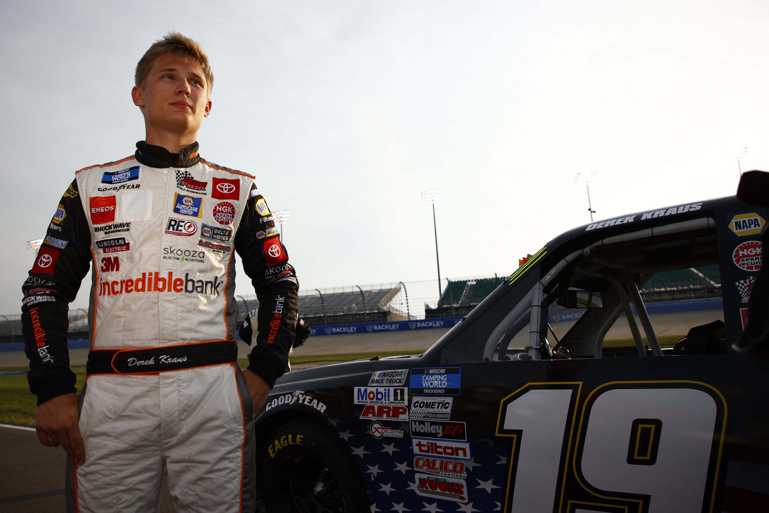 Derek Kraus, driver of the #19 Thorogood Toyota, waits on the grid prior to the NASCAR Camping World Truck Series Rackley Roofing 200 at Nashville Superspeedway on June 18, 2021 in Lebanon, Tennessee. (Photo by Jared C. Tilton/Getty Images)