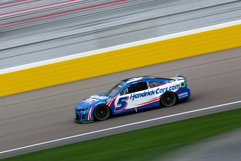 Kyle Larson, driver of the #5 HendrickCars.com Chevrolet, drives during practice for the NASCAR Cup Series Pennzoil 400 at Las Vegas Motor Speedway on March 02, 2024 in Las Vegas, Nevada. (Photo by Meg Oliphant/Getty Images)
