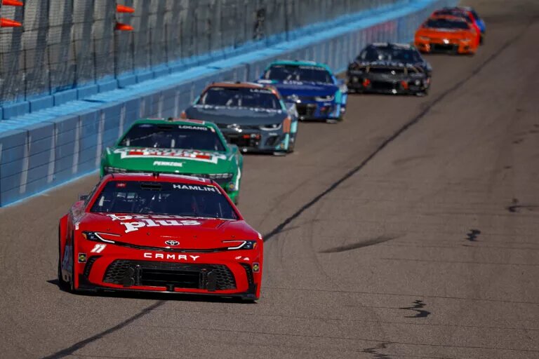 Denny Hamlin, driver of the #11 Mavis Brakes Plus Toyota, drives during practice for the NASCAR Cup Series Shriners Children's 500 at Phoenix Raceway on March 08, 2024 in Avondale, Arizona.