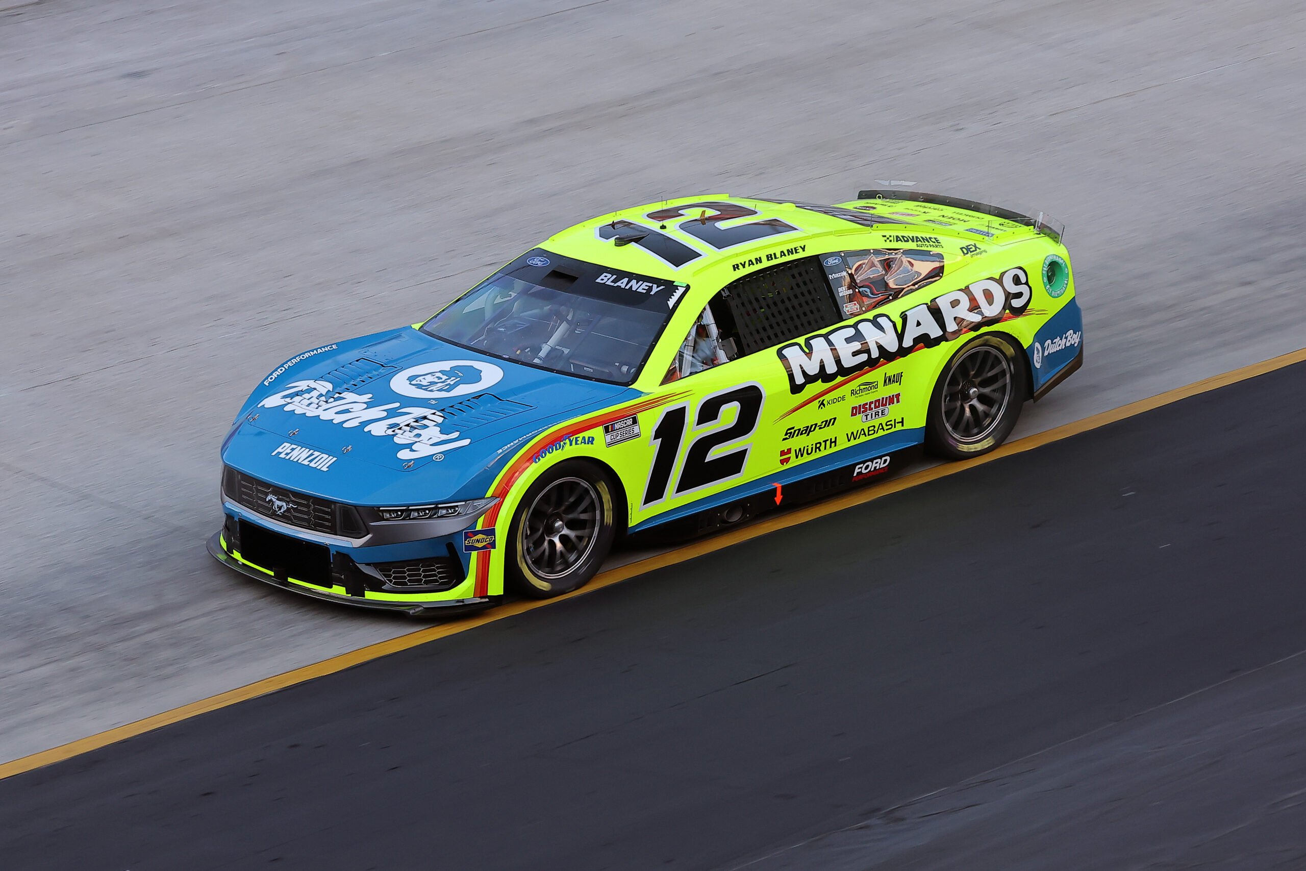 Ryan Blaney, driver of the #12 Menards/Dutch Boy Ford, drives during practice for the NASCAR Cup Series Food City 500 at Bristol Motor Speedway on March 16, 2024 in Bristol, Tennessee.