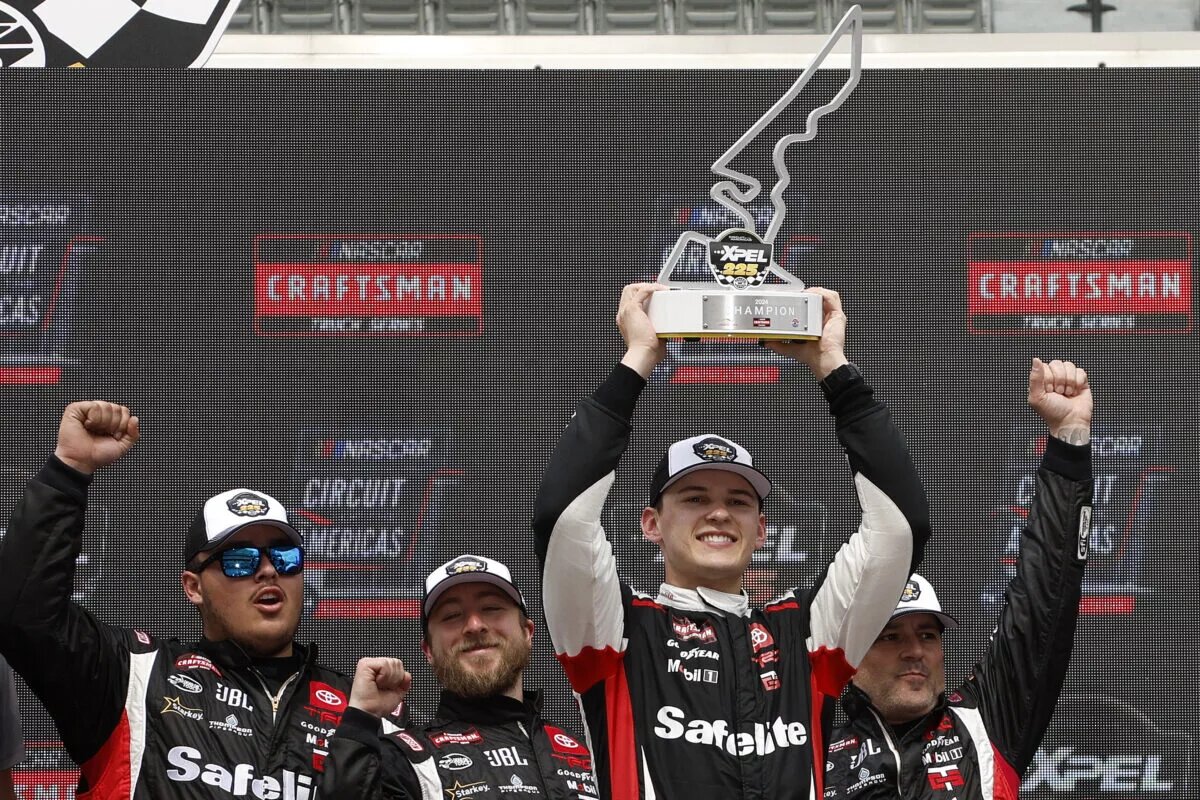 AUSTIN, TEXAS - MARCH 23: Corey Heim, driver of the #11 Safelite Toyota, celebrates in victory lane after winning the NASCAR Craftsman Truck Series XPEL 225 at Circuit of The Americas on March 23, 2024 in Austin, Texas. (Photo by Sean Gardner/Getty Images)