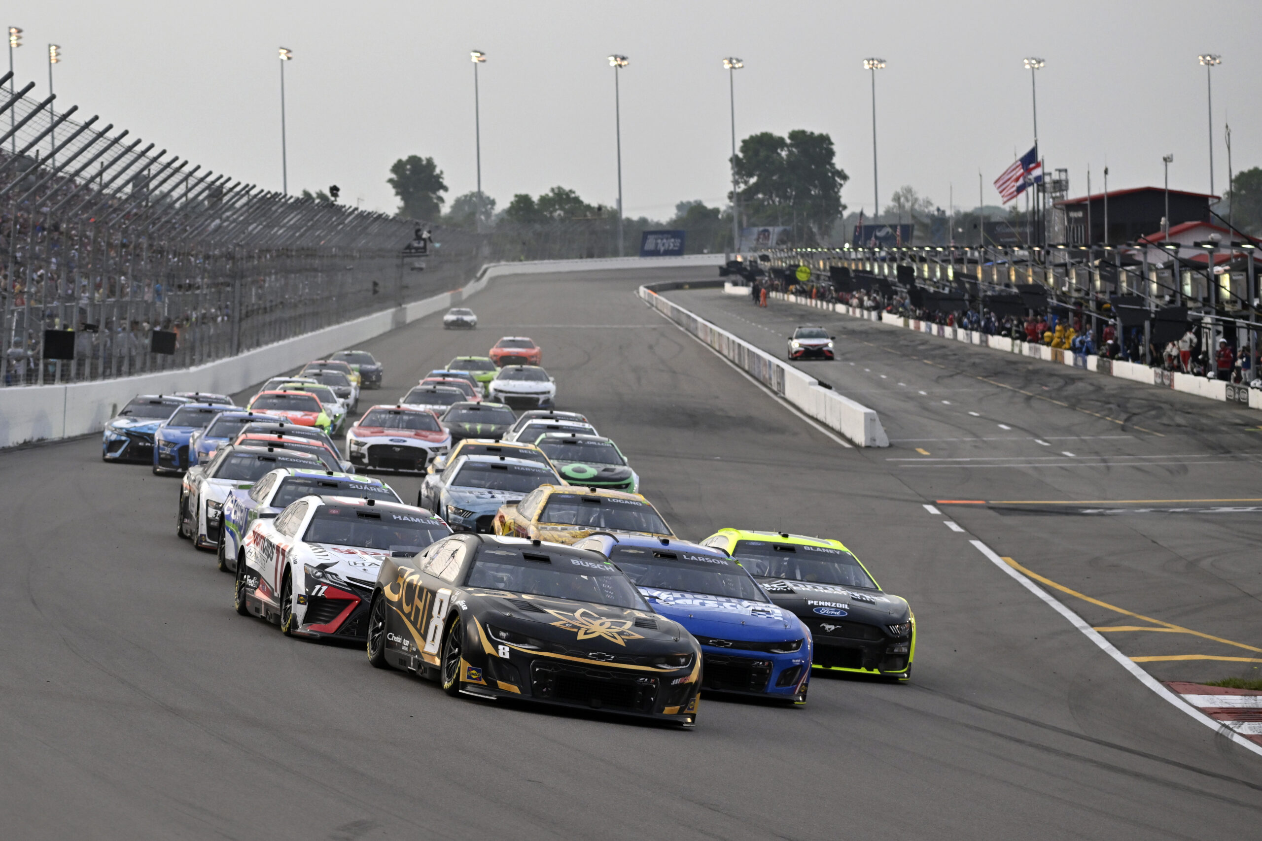 Kyle Busch, driver of the #8 3CHI Chevrolet, leads the field during the NASCAR Cup Series Enjoy Illinois 300 at WWT Raceway on June 04, 2023 in Madison, Illinois. (Photo by Jeff Curry/Getty Images)