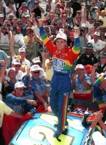 SPEEDWAY, IN - AUGUST 6: Driver Jeff Gordon celebrates in Victory Lane after winning the Brickyard 400 race on August 6, 1994 at the Indianapolis Motor Speedway in Speedway, Indiana. (Photo by Dozier Mobley/Getty Images)