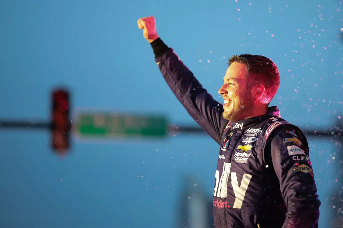 CHICAGO, ILLINOIS - JULY 07: Alex Bowman, driver of the #48 Ally Chevrolet, celebrates after winning the NASCAR Cup Series Grant Park 165 at Chicago Street Course on July 07, 2024 in Chicago, Illinois. (Photo by James Gilbert/Getty Images)