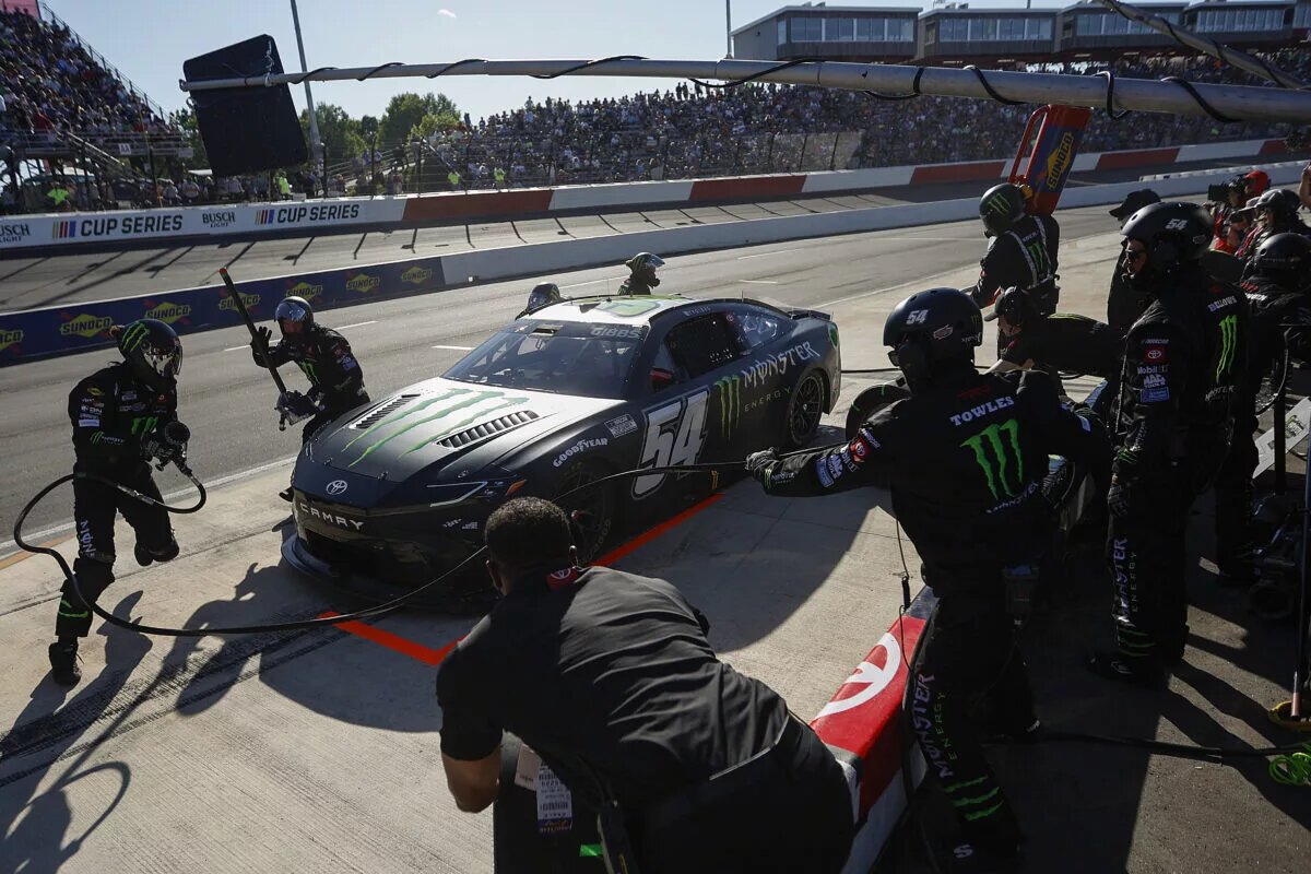 NORTH WILKESBORO, NORTH CAROLINA - MAY 19: Ty Gibbs, driver of the #54 Monster Energy Toyota, pits during the NASCAR Cup Series All-Star Open at North Wilkesboro Speedway on May 19, 2024 in North Wilkesboro, North Carolina. (Photo by Sean Gardner/Getty Images)