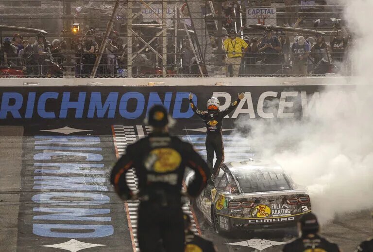 RICHMOND, VIRGINIA - AUGUST 11: Austin Dillon, driver of the #3 Bass Pro Shops Chevrolet, celebrates after winning the NASCAR Cup Series Cook Out 400 at Richmond Raceway on August 11, 2024 in Richmond, Virginia. (Photo by Sean Gardner/Getty Images)