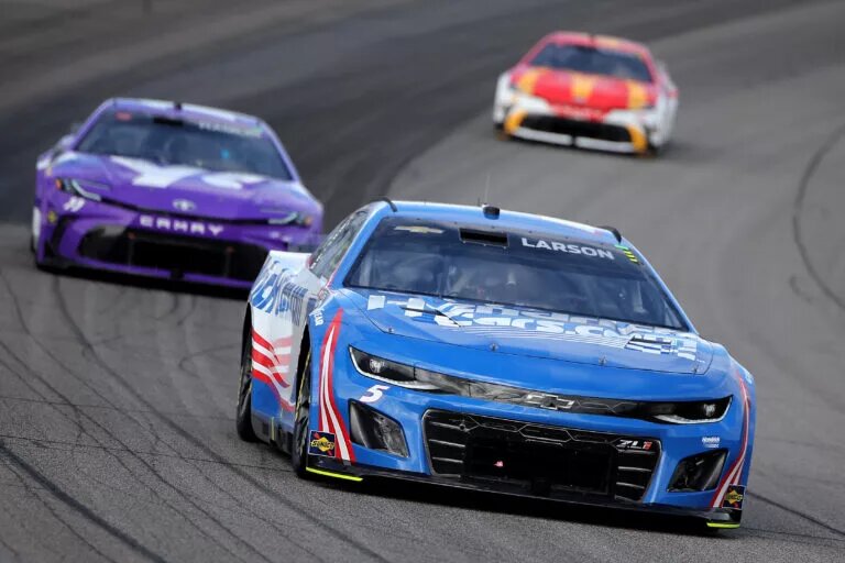 BROOKLYN, MICHIGAN - AUGUST 18: Kyle Larson, driver of the #5 HendrickCars.com Chevrolet, drives during the NASCAR Cup Series FireKeepers Casino 400 at Michigan International Speedway on August 18, 2024 in Brooklyn, Michigan. (Photo by Jonathan Bachman/Getty Images)