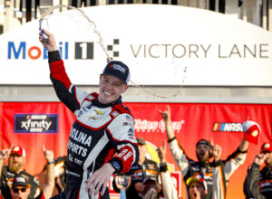 WATKINS GLEN, NEW YORK - SEPTEMBER 14: Connor Zilisch, driver of the #88 Carolina Carports Chevrolet, celebrates in victory lane after winning the NASCAR Xfinity Series Mission 200 at The Glen at Watkins Glen International on September 14, 2024 in Watkins Glen, New York. (Photo by Chris Graythen/Getty Images)