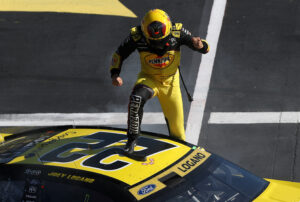 LAS VEGAS, NEVADA - OCTOBER 20: Joey Logano, driver of the #22 Pennzoil Ford, celebrates after winning the NASCAR Cup Series South Point 400 at Las Vegas Motor Speedway on October 20, 2024 in Las Vegas, Nevada. (Photo by Meg Oliphant/Getty Images)