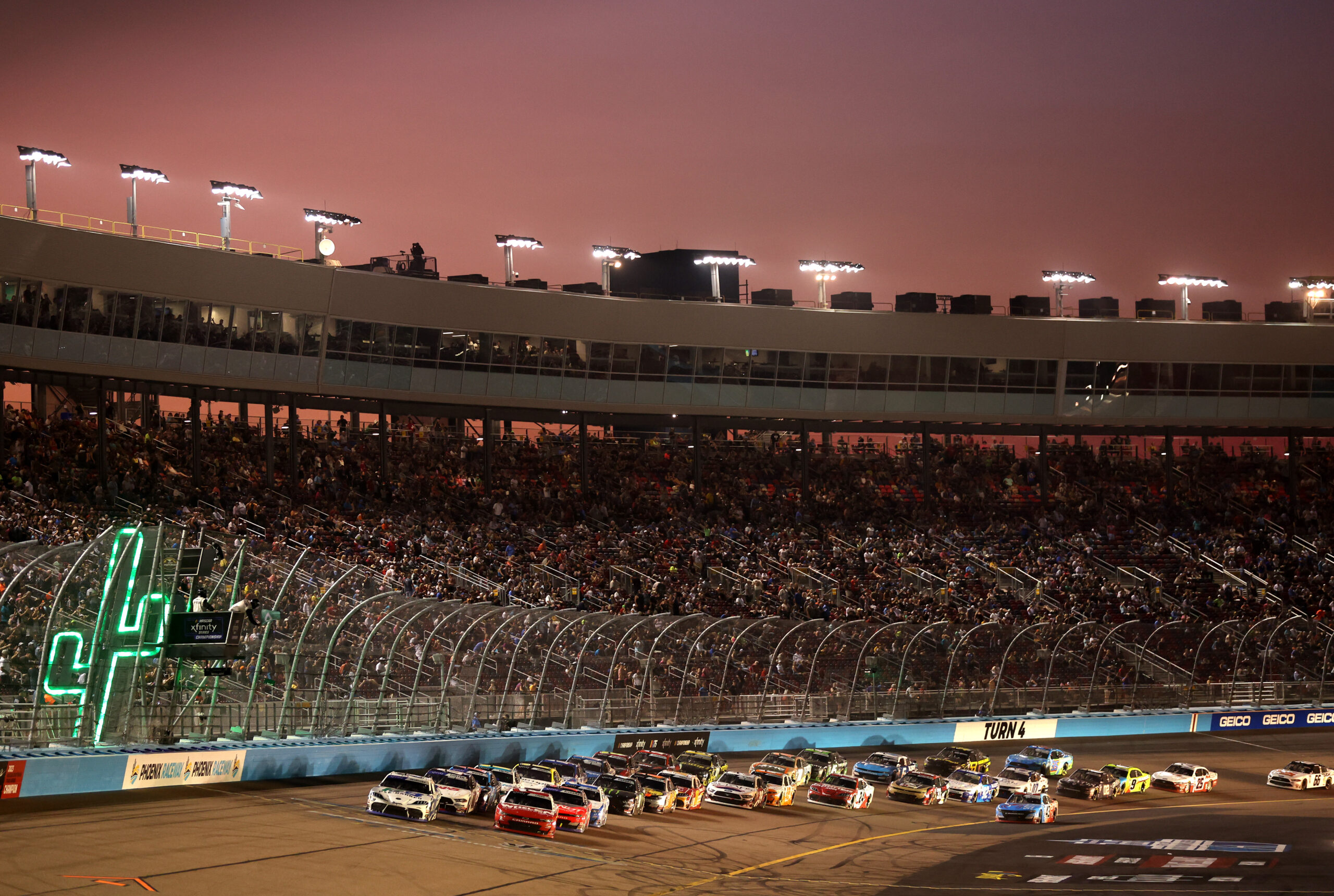 AVONDALE, ARIZONA - NOVEMBER 04: John Hunter Nemechek, driver of the #20 Pye Barker Fire & Safety Toyota, leads the field to a restart during the NASCAR Xfinity Series Championship at Phoenix Raceway on November 04, 2023 in Avondale, Arizona. (Photo by Christian Petersen/Getty Images)