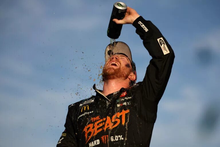HOMESTEAD, FLORIDA - OCTOBER 27: Tyler Reddick, driver of the #45 The Beast Killer Sunrise Toyota, celebrates in victory lane after winning the NASCAR Cup Series Straight Talk Wireless 400 at Homestead-Miami Speedway on October 27, 2024 in Homestead, Florida. (Photo by James Gilbert/Getty Images)