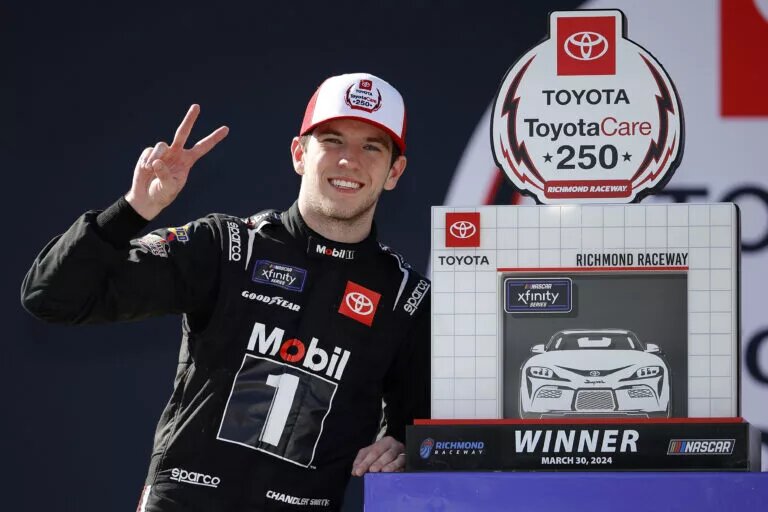RICHMOND, VIRGINIA - MARCH 30: Chandler Smith, driver of the #81 Mobil 1 Toyota, celebrates in victory lane after winning the NASCAR Xfinity Series ToyotaCare 250 at Richmond Raceway on March 30, 2024 in Richmond, Virginia. (Photo by Alex Slitz/Getty Images)