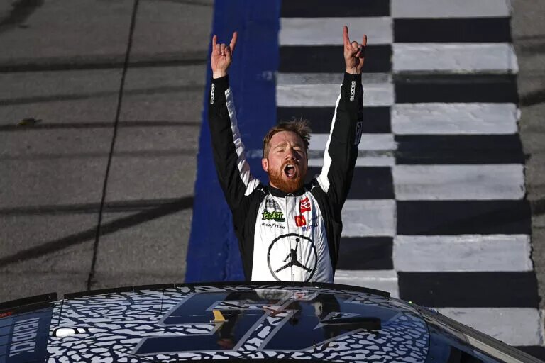 TALLADEGA, ALABAMA - APRIL 21: Tyler Reddick, driver of the #45 Jordan Brand Toyota, celebrates after winning the NASCAR Cup Series GEICO 500 at Talladega Superspeedway on April 21, 2024 in Talladega, Alabama. (Photo by Sean Gardner/Getty Images)