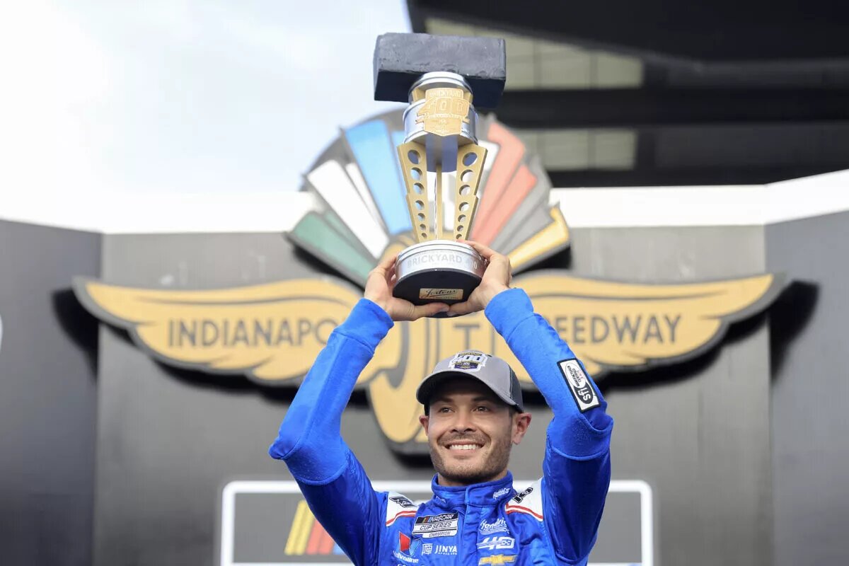 INDIANAPOLIS, INDIANA - JULY 21: Kyle Larson, driver of the #5 HendrickCars.com Chevrolet, celebrates in victory lane after winning the NASCAR Cup Series Brickyard 400 at Indianapolis Motor Speedway on July 21, 2024 in Indianapolis, Indiana. (Photo by Justin Casterline/Getty Images)