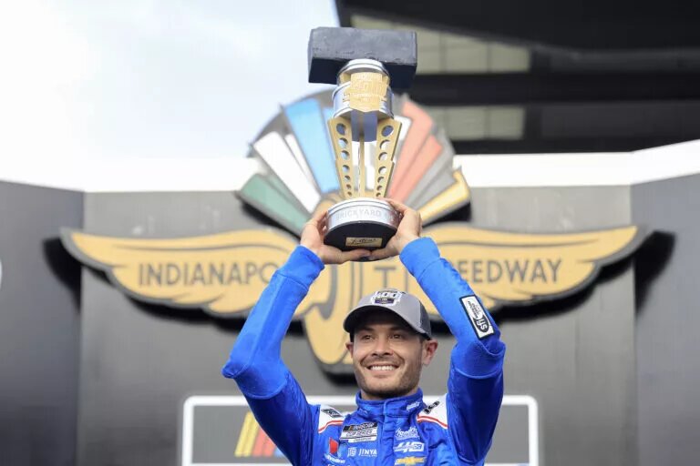 INDIANAPOLIS, INDIANA - JULY 21: Kyle Larson, driver of the #5 HendrickCars.com Chevrolet, celebrates in victory lane after winning the NASCAR Cup Series Brickyard 400 at Indianapolis Motor Speedway on July 21, 2024 in Indianapolis, Indiana. (Photo by Justin Casterline/Getty Images)