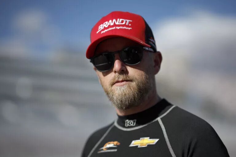 LAS VEGAS, NEVADA - OCTOBER 18: Justin Allgaier, driver of the #7 BRANDT looks on during practice for the NASCAR Xfinity Ambetter Health 302 at Las Vegas Motor Speedway on October 18, 2024 in Las Vegas, Nevada. (Photo by Sean Gardner/Getty Images)