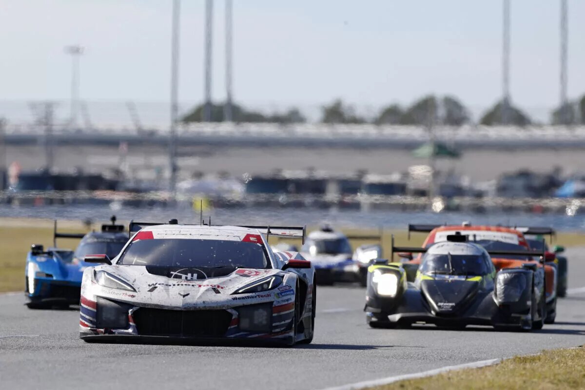 DAYTONA BEACH, FL - JANUARY 26: The 91 Trackhouse by TF Corvette Z06 GT3.R of Ben Keating, Connor Zilisch, Scott McLaughlin, and Shane van Gisbergen during the Rolex 24 at Daytona on January 26, 2025 at Daytona International Speedway in Daytona Beach, FL. Photo by David Rosenblum/Icon Sportswire AUTO: JAN 26 IMSA Rolex 24 at Daytona