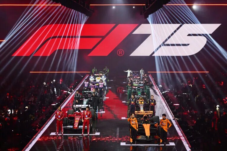 LONDON, ENGLAND - FEBRUARY 18: The 2025 drivers and their cars on stage during F1 75 Live at The O2 Arena on February 18, 2025 in London, England. (Photo by Clive Mason - Formula 1/Formula 1 via Getty Images)