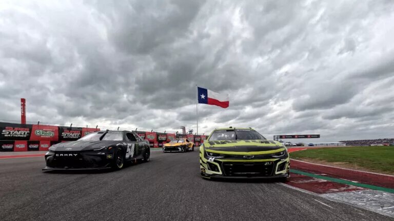 AUSTIN, TEXAS - MARCH 24: William Byron, driver of the #24 RaptorTough.com Chevrolet, and Ty Gibbs, driver of the #54 Monster Energy Toyota, lead the field on a pace lap prior to the NASCAR Cup Series EchoPark Automotive Grand Prix at Circuit of The Americas on March 24, 2024 in Austin, Texas.