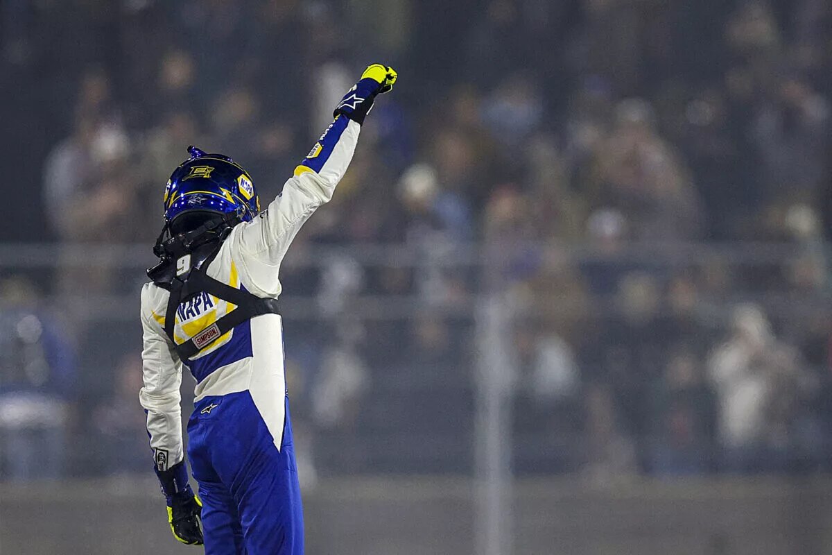 WINSTON SALEM, NORTH CAROLINA - FEBRUARY 02: Chase Elliott, driver of the #9 NAPA Auto Parts Chevrolet celebrates after winning the Cook Out Clash at Bowman Gray Stadium on February 02, 2025 in Winston Salem, North Carolina. (Photo by Sean Gardner/Getty Images)