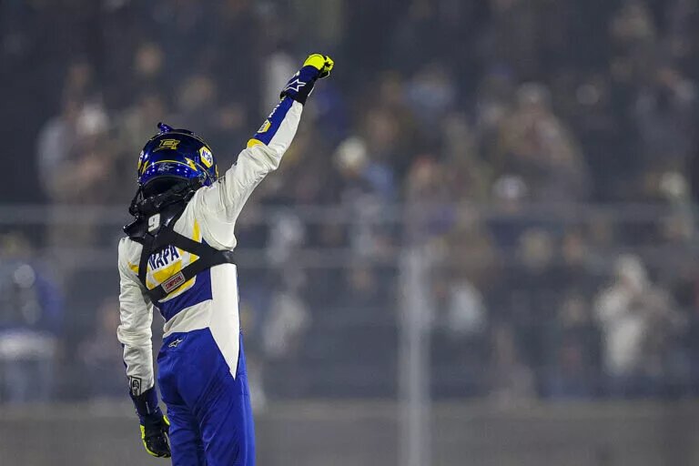WINSTON SALEM, NORTH CAROLINA - FEBRUARY 02: Chase Elliott, driver of the #9 NAPA Auto Parts Chevrolet celebrates after winning the Cook Out Clash at Bowman Gray Stadium on February 02, 2025 in Winston Salem, North Carolina. (Photo by Sean Gardner/Getty Images)