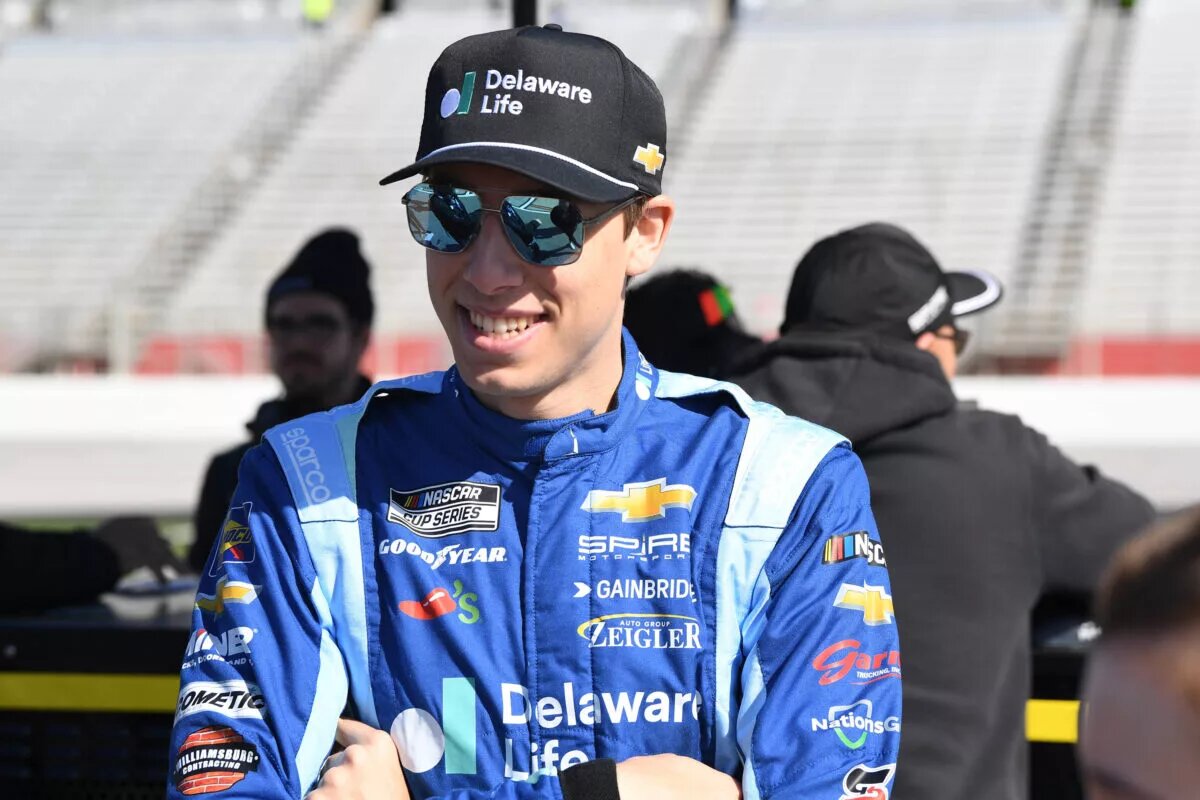 ATLANTA, GA - FEBRUARY 22: Carson Hocevar ( 77 Spire Motorsports Delaware Life Chevrolet) looks on during qualifying for the running of the NASCAR, Motorsport, USA Cup Series Ambetter Health 400 on February 22, 2025, at Atlanta Motor Speedway in Hampton, GA. (Photo by Jeffrey Vest Icon Sportswire)