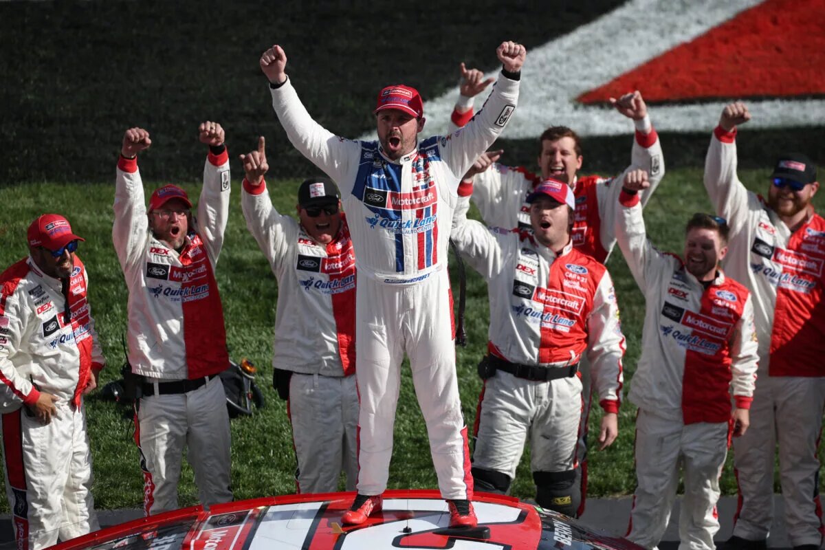 LAS VEGAS, NEVADA - MARCH 16: Josh Berry, driver of the #21 Motorcraft/Quick Lane Ford, celebrates after winning the NASCAR Cup Series Pennzoil 400 at Las Vegas Motor Speedway on March 16, 2025 in Las Vegas, Nevada. (Photo by Chris Graythen/Getty Images)