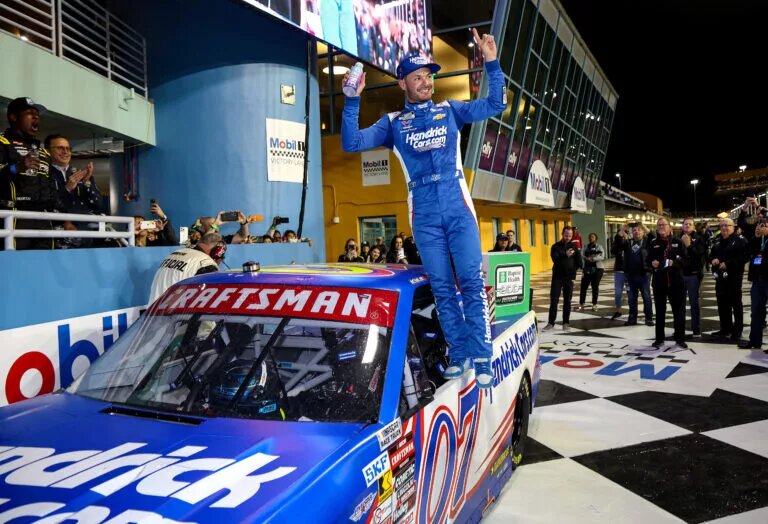 HOMESTEAD, FLORIDA - MARCH 21: Kyle Larson, driver of the #07 HendrickCars.com Chevrolet, celebrates in victory lane after winning the NASCAR Craftsman Truck Series Baptist Health 200 at Homestead-Miami Speedway on March 21, 2025 in Homestead, Florida. (Photo by Chris Graythen/Getty Images)