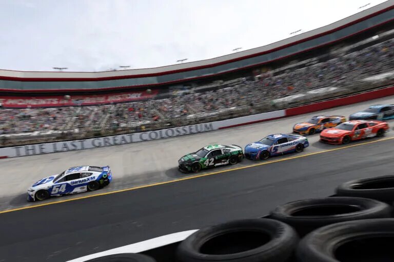 BRISTOL, TENNESSEE - MARCH 17: Ty Gibbs, driver of the #54 SiriusXM Toyota, leads the field during the NASCAR Cup Series Food City 500 at Bristol Motor Speedway on March 17, 2024 in Bristol, Tennessee. (Photo by Meg Oliphant/Getty Images)