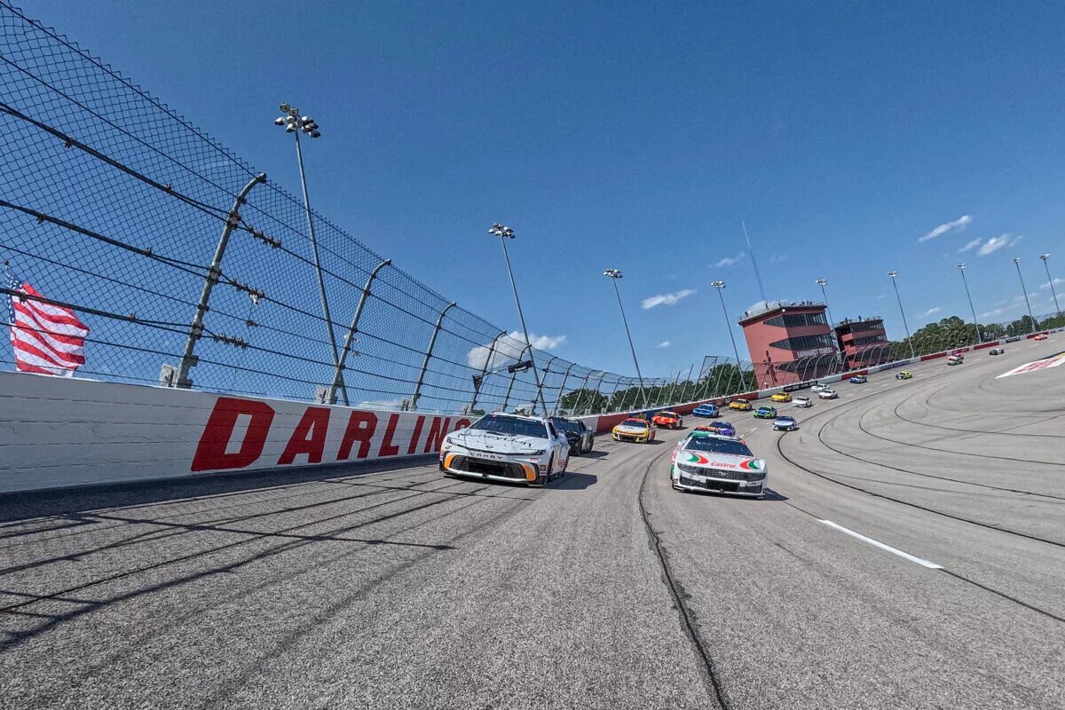 DARLINGTON, SOUTH CAROLINA - MAY 12: Tyler Reddick, driver of the #45 MoneyLion Toyota, and Brad Keselowski, driver of the #6 Castrol Ford, leads the field on a pace lap prior to the NASCAR Cup Series Goodyear 400 at Darlington Raceway on May 12, 2024 in Darlington, South Carolina. (Photo by James Gilbert/Getty Images)