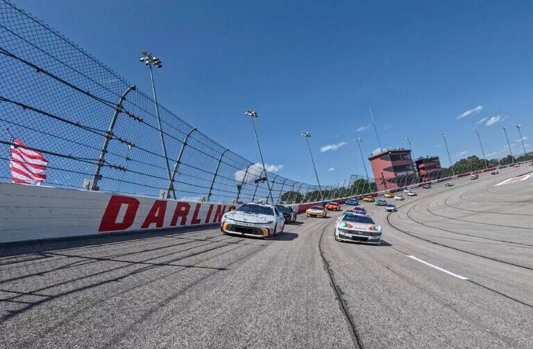 DARLINGTON, SOUTH CAROLINA - MAY 12: Tyler Reddick, driver of the #45 MoneyLion Toyota, and Brad Keselowski, driver of the #6 Castrol Ford, leads the field on a pace lap prior to the NASCAR Cup Series Goodyear 400 at Darlington Raceway on May 12, 2024 in Darlington, South Carolina. (Photo by James Gilbert/Getty Images)