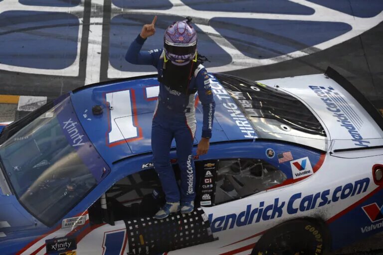 BRISTOL, TENNESSEE - APRIL 12: Kyle Larson, driver of the #17 HendrickCars.com Chevrolet, celebrates after winning the NASCAR Xfinity Series SciAps 300 at Bristol Motor Speedway on April 12, 2025 in Bristol, Tennessee. (Photo by Sean Gardner/Getty Images)