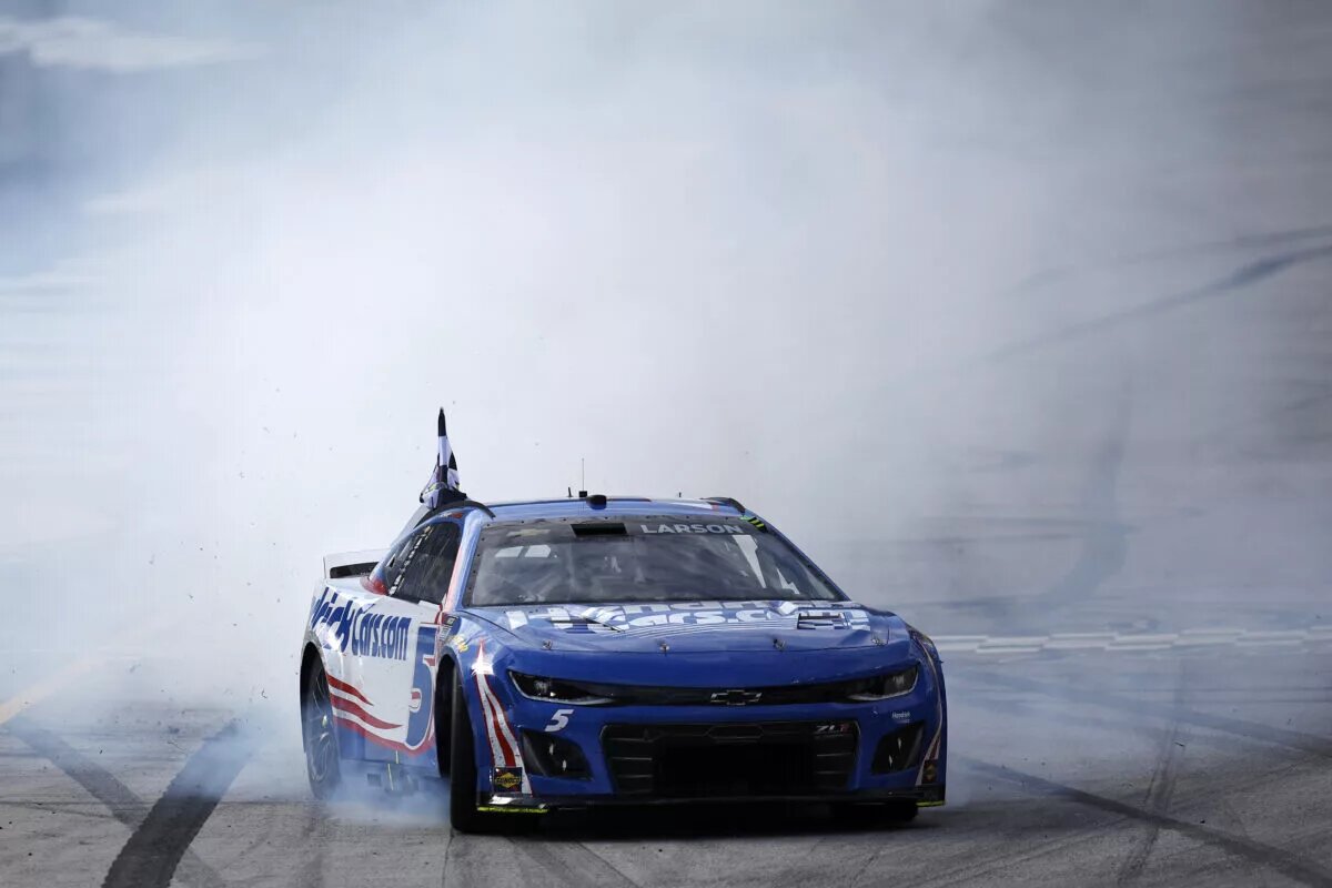 BRISTOL, TENNESSEE - APRIL 13: Kyle Larson, driver of the #5 HendrickCars.com Chevrolet, celebrates with a burnout after winning the NASCAR Cup Series Food City 500 at Bristol Motor Speedway on April 13, 2025 in Bristol, Tennessee. (Photo by Sean Gardner/Getty Images)