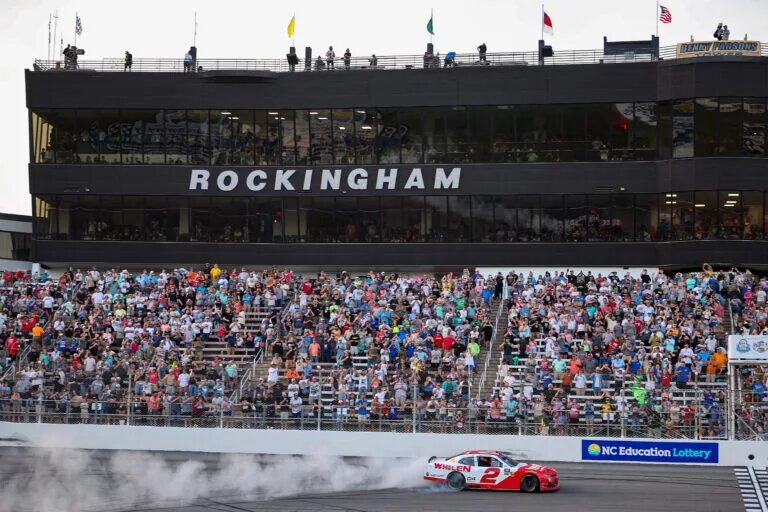 ROCKINGHAM, NORTH CAROLINA - APRIL 19: Jesse Love, driver of the #2 Whelen Chevrolet, celebrates with a burnout after winning the NASCAR Xfinity Series North Carolina Education Lottery 250 presented by Black's Tire at Rockingham Speedway on April 19, 2025 in Rockingham, North Carolina. (Photo by James Gilbert/Getty Images)