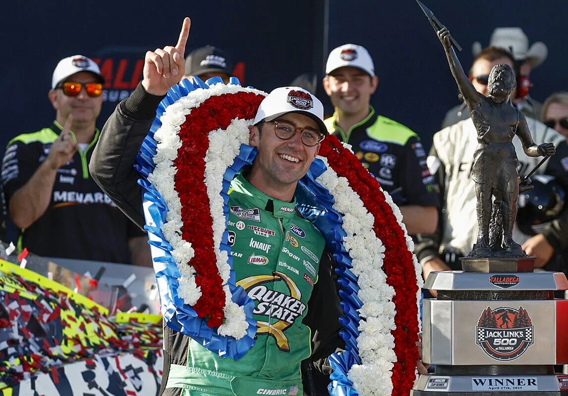 TALLADEGA, ALABAMA - APRIL 27: Austin Cindric, driver of the #2 Menards/Quaker State Ford, celebrates in victory lane after winning the NASCAR Cup Series Jack Link's 500 at Talladega Superspeedway on April 27, 2025 in Talladega, Alabama. (Photo by Sean Gardner/Getty Images)