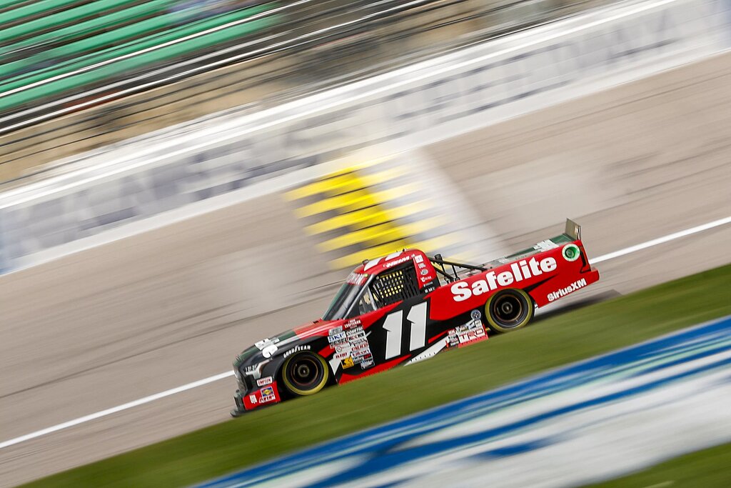  KANSAS CITY, KANSAS - MAY 04: Corey Heim, driver of the #11 Safelite Toyota, drives during qualifying for the NASCAR Craftsman Truck Series Heart of America 200 at Kansas Speedway on May 04, 2024 in Kansas City, Kansas. (Photo by Sean Gardner/Getty Images)