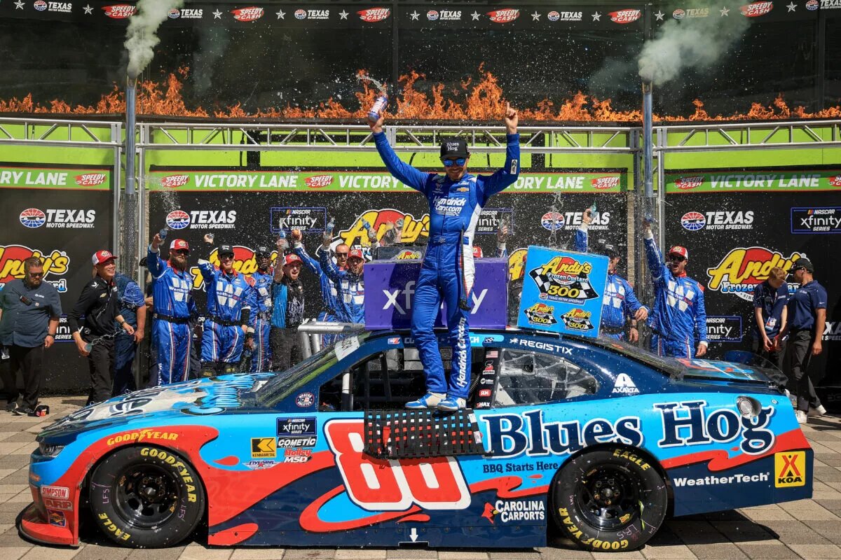 FORT WORTH, TEXAS - MAY 03: Kyle Larson, driver of the #88 Blues Hog Chevrolet, celebrates in victory lane after winning the NASCAR Xfinity Series Andy's Frozen Custard 300 at Texas Motor Speedway on May 03, 2025 in Fort Worth, Texas.