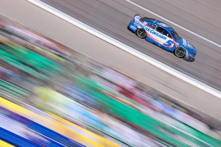 Kyle Larson, driver of the #5 HendrickCars.com Chevrolet, drives during the NASCAR Cup Series AdventHealth 400 at Kansas Speedway on May 11, 2025 in Kansas City, Kansas. (Photo by Jamie Squire/Getty Images)