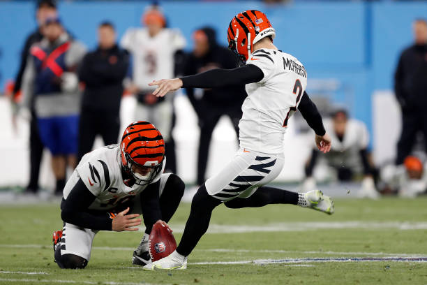 Cincinnati Bengals place kicker Evan McPherson (2) runs for the