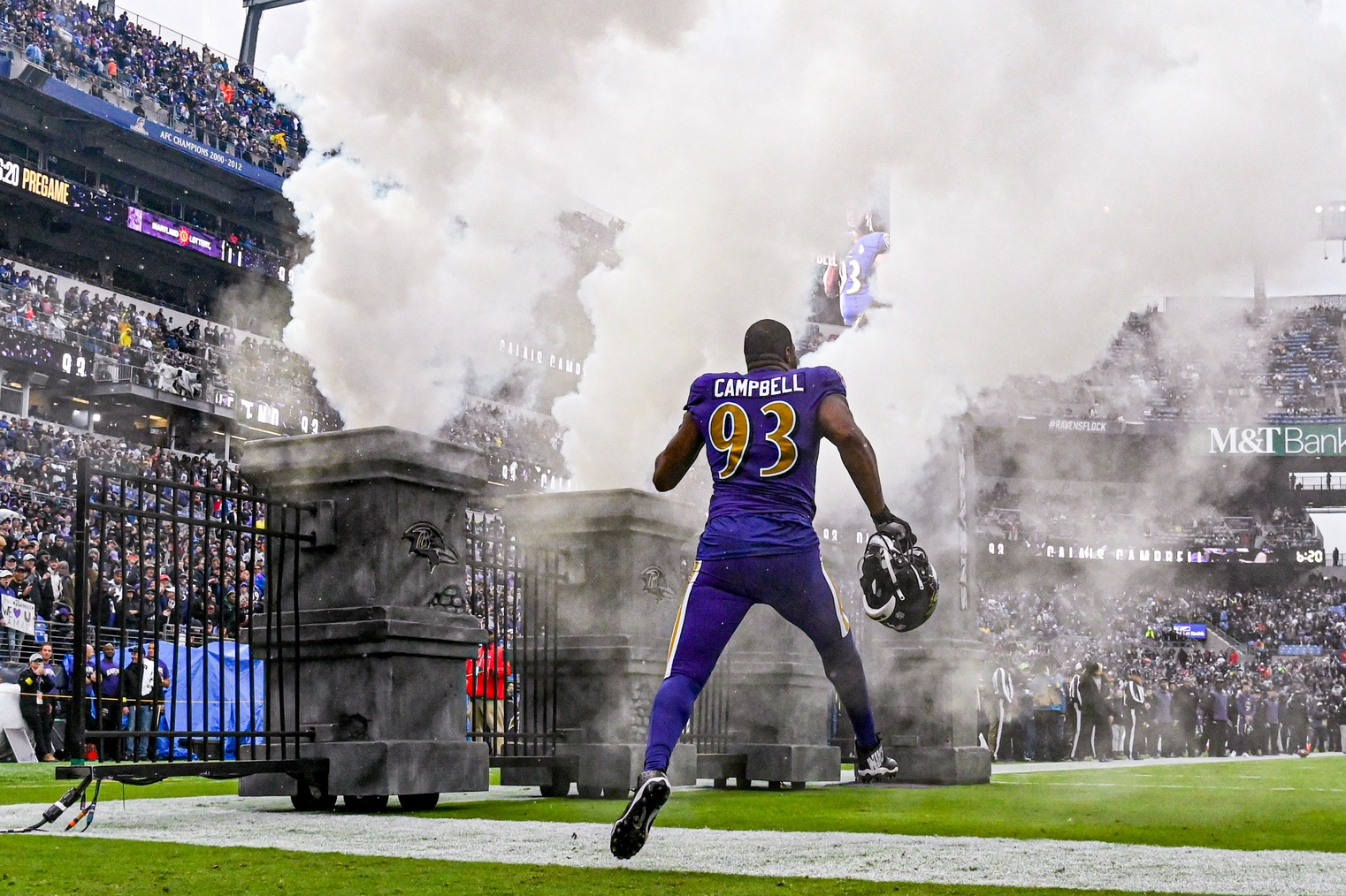 Oct 2, 2022; Baltimore, Maryland, USA; Baltimore Ravens defensive tackle Calais Campbell (93) enter the field before the game against the Buffalo Bills at M&T Bank Stadium. Mandatory Credit: Tommy Gilligan-USA TODAY Sports