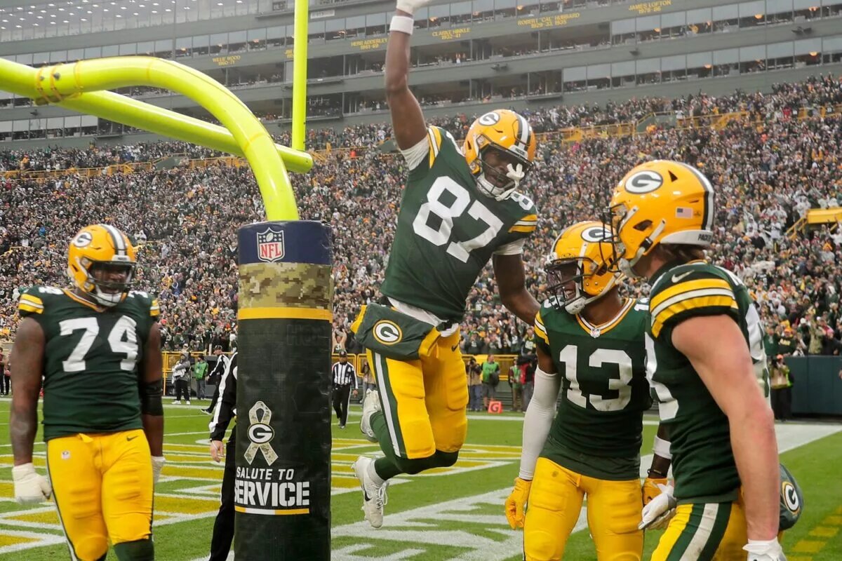 Green Bay Packers wide receiver Romeo Doubs and tight end Luke Musgrave