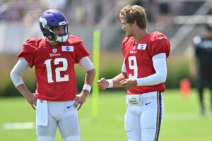 Minnesota Vikings quarterbacks Nick Mullens and J.J. McCarthy