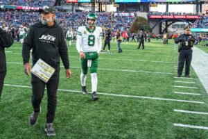 New York Jets head coach Jeff Ulbrich and quarterback Aaron Rodgers