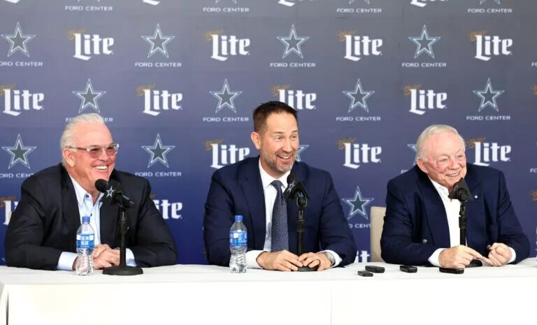 Dallas Cowboys CEO Stephen Jones, head coach Brian Schottenheimer, and owner Jerry Jones