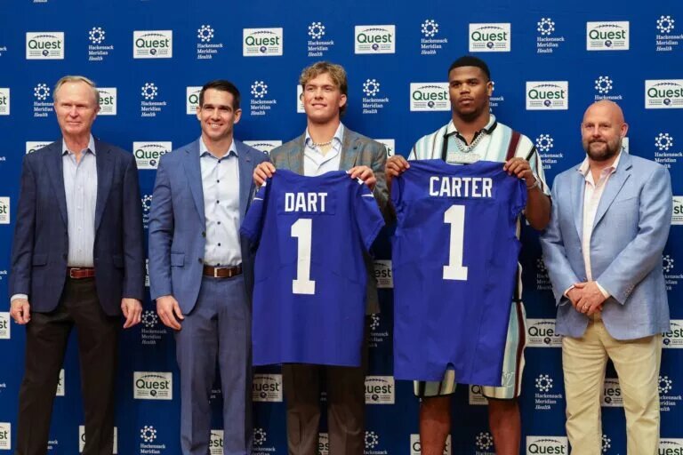 New York Giants 2025 NFL Draft first round picks quarterback Jaxson Dart and outside linebacker Abdul Carter