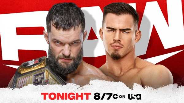 WWE Raw card - Austin Theory vs Finn Balor match graphic