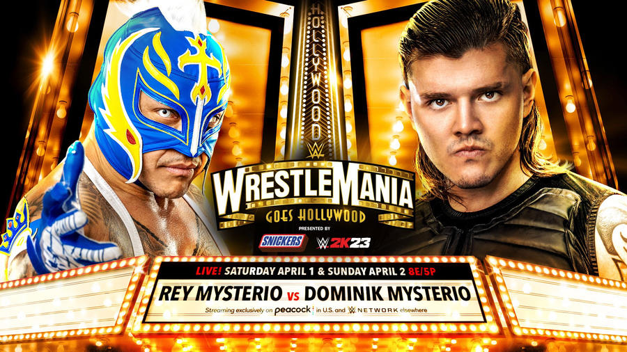 Dominik Mysterio vs Rey Mysterio :WM39 Match Graphic