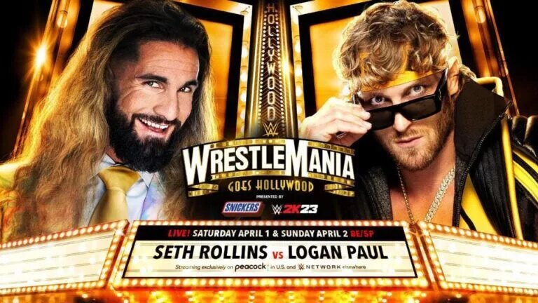 Logan Paul vs. Seth Rollins WM39 Match Graphic