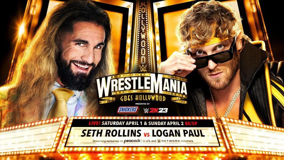 Logan Paul vs. Seth Rollins WM39 Match Graphic